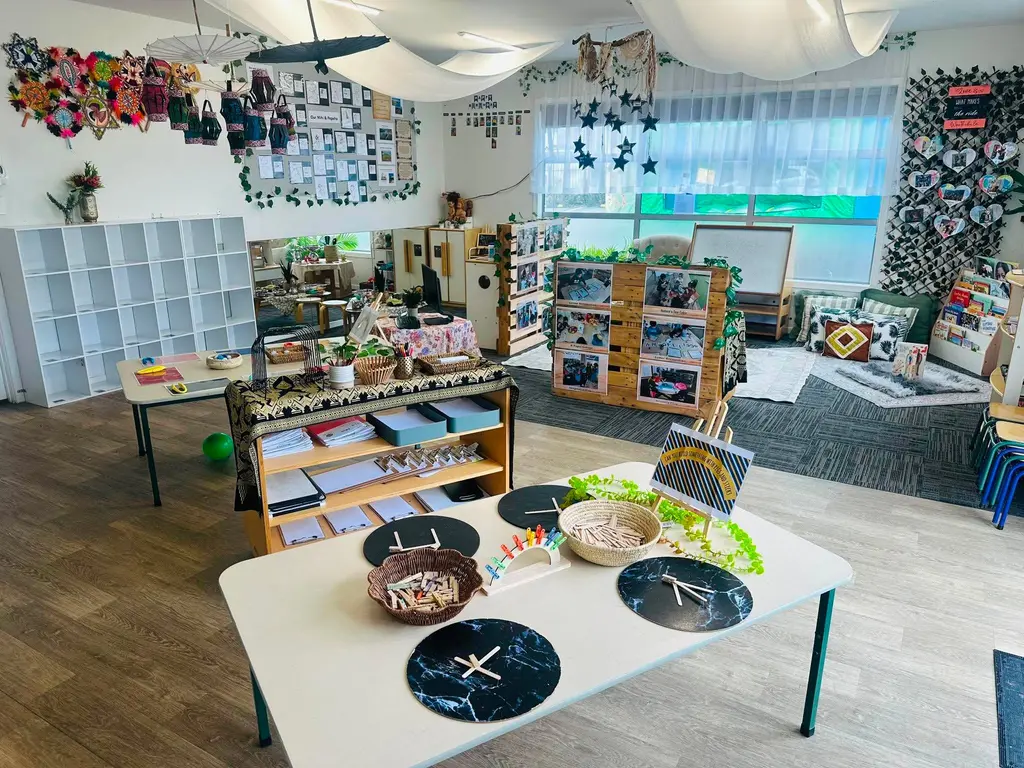 Learning space with activity tables and creative materials